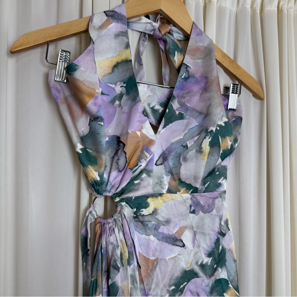For Love And Lemons Megan Midi‎ Dress Purple Floral Satin Wrap Slit Sundress NEW - Picture 4 of 10